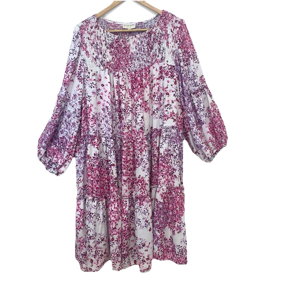 Laura Tiered Smocked Midi‎ Dress Purple Floral Puff Sleeve 16 Boho Peasant Retro